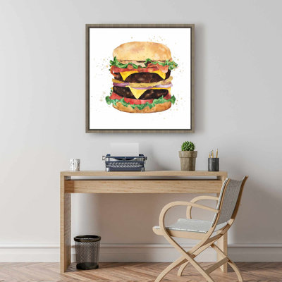 Watercolor Cheeseburger Canvas | Kitchen Decor Brown Frame