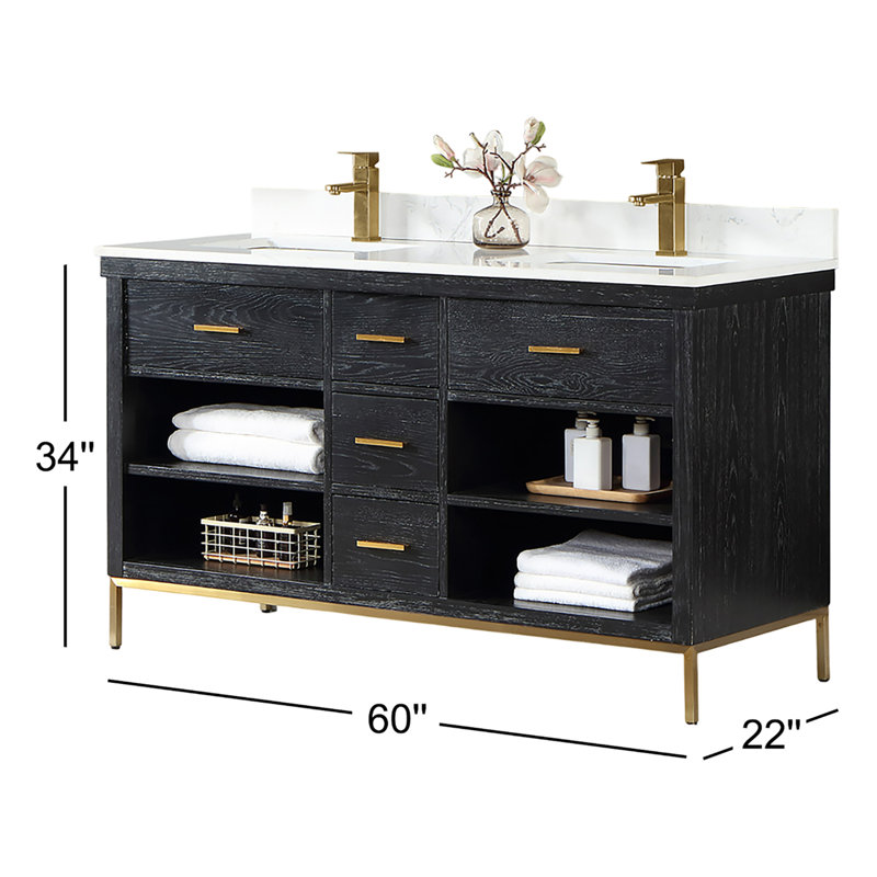 Ensemble de meuble-lavabo double 60 po Arva, Noir, Or