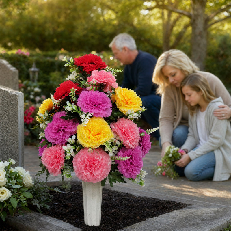 Œillets artificiels de cimetière avec un vase et des pointes de sol - Monument commémoratif d'extérieur