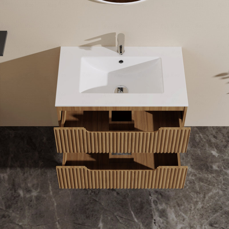 Meuble-lavabo mural 30 po avec lavabo flottant, système de fermeture en douceur, 2 grands tiroirs, lavabo non inclus