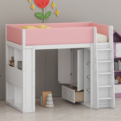 Lit mezzanine avec armoire intégrée, tiroirs, étagères et éclairage d'ambiance pour des espaces organisés
