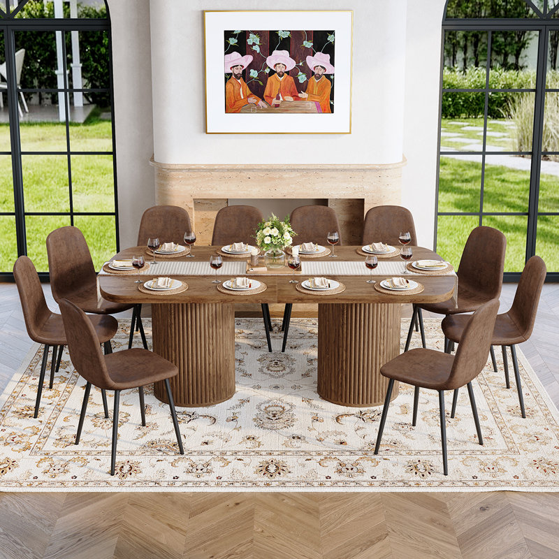 Modern Dining Table Set For 6/8/10 – 79" Dark Wood Dining Table With Dual Pedestal Base & Hidden Storage, Suede Upholstered Chairs, Large Kitchen & Dining Room Set