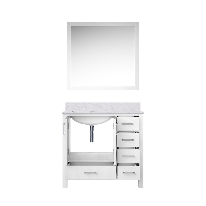 Dark Grey Bath Vanity 36 in. W x 22 in. D, Left Offset Carrara Marble Top, and 34 in. Mirrors, White