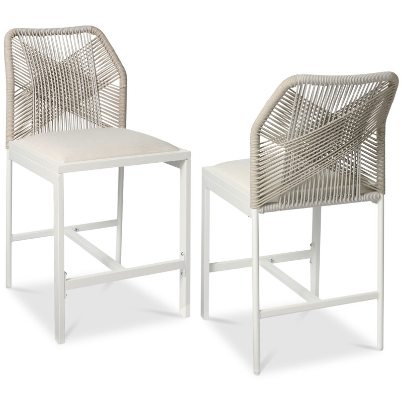  Set Of 2 Indoor Outdoor Counter Height Barstools W/ All-Weather Rope & Aluminum - White/Alpine, White/Alpine