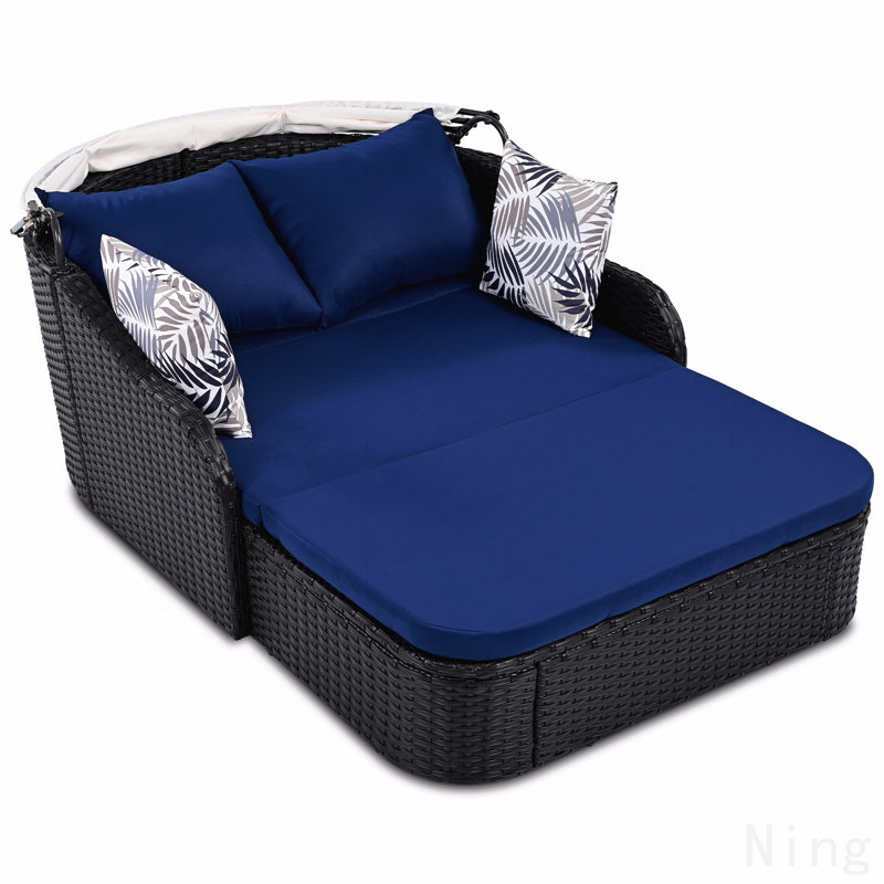 Lit de bronzage d'extérieur 79,9 po avec auvent réglable, lit double, lit de repos en rotin Pe, osier noir et coussin bleu