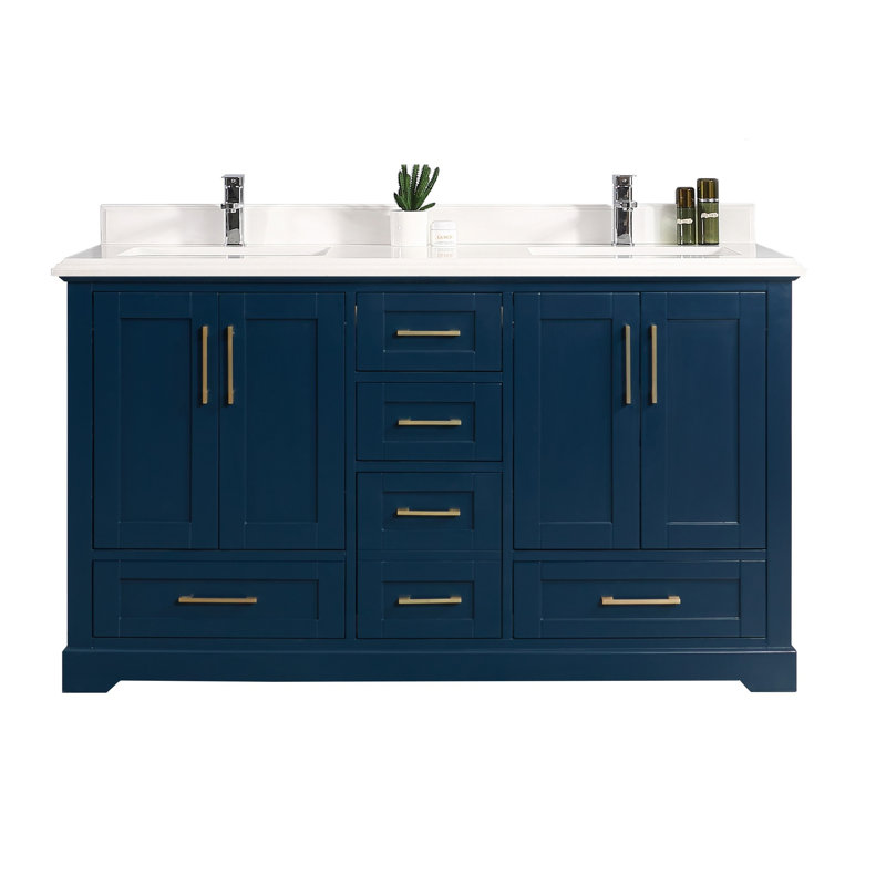 Ensemble de meuble-lavabo double l 60 po x P 22 po x H 36 po Eser, Blanc, bordure double ogee, Bleu marine