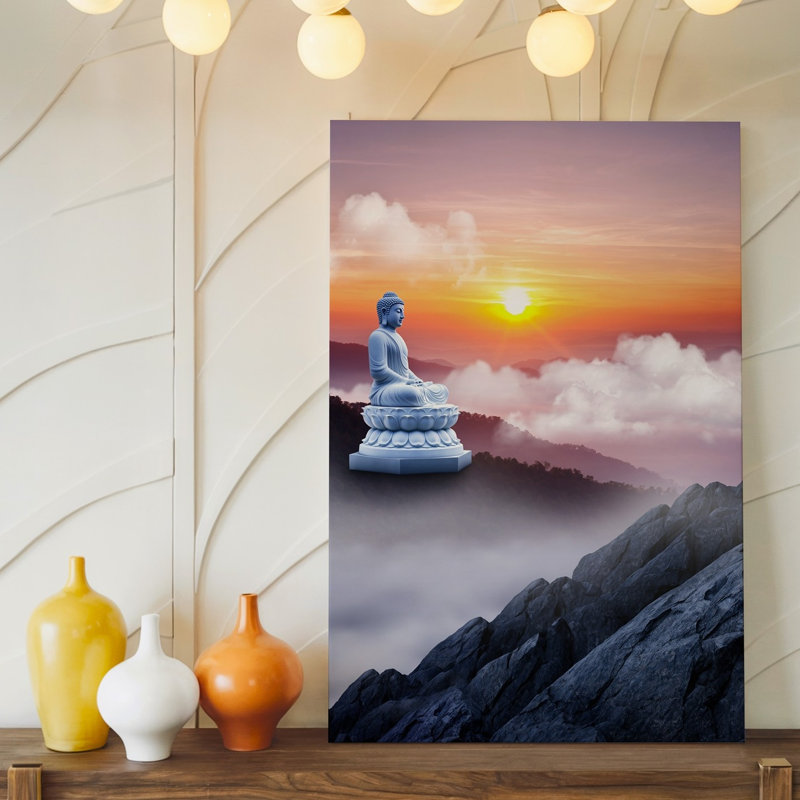 Toile, statue de Bouddha en marbre blanc serein posée sur un mur, H 14 po x l 11 po