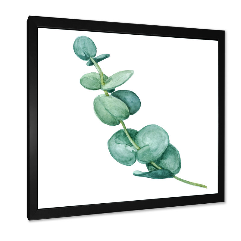 Jeunes feuilles d'eucalyptus et branches II - peinture sur toile, H 16 po x l 16 po x p 1 po, Cadre photo noir
