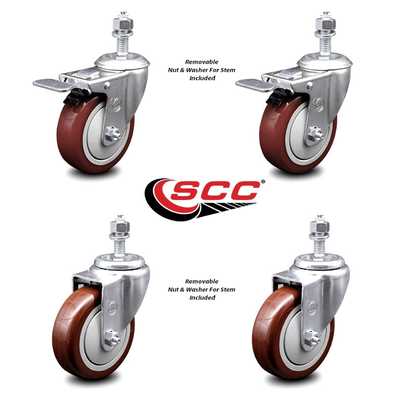 4 Inch SS Maroon Polyurethane ½ Inch Threaded Stem Caster Set 2 Total Lock Brake