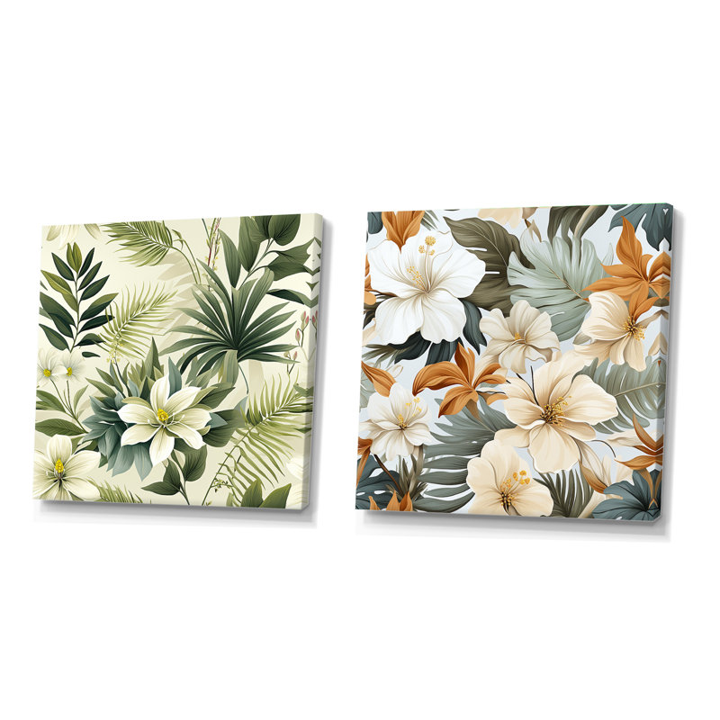 Serene Jungle III - Ensemble de 2 collages carrés floraux et botaniques, Toile tendue, H 16 po x l 33 po
