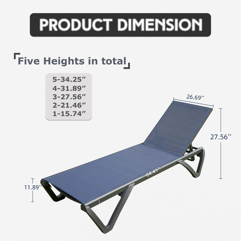 Outdoor Lounge Chair, 2 Pieces Aluminum Plastic Patio Chaise Lounge With 5 Position Adjustable Backrest, Navy Blue