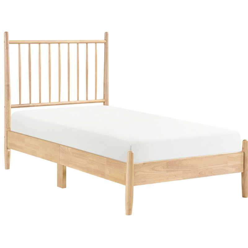 Lit plateforme simple Mid-Century moderne avec finition naturelle, lattes verticales sur la tête de lit et rails inclus, y compris toutes les pièces nécessaires, aucune fondation requise