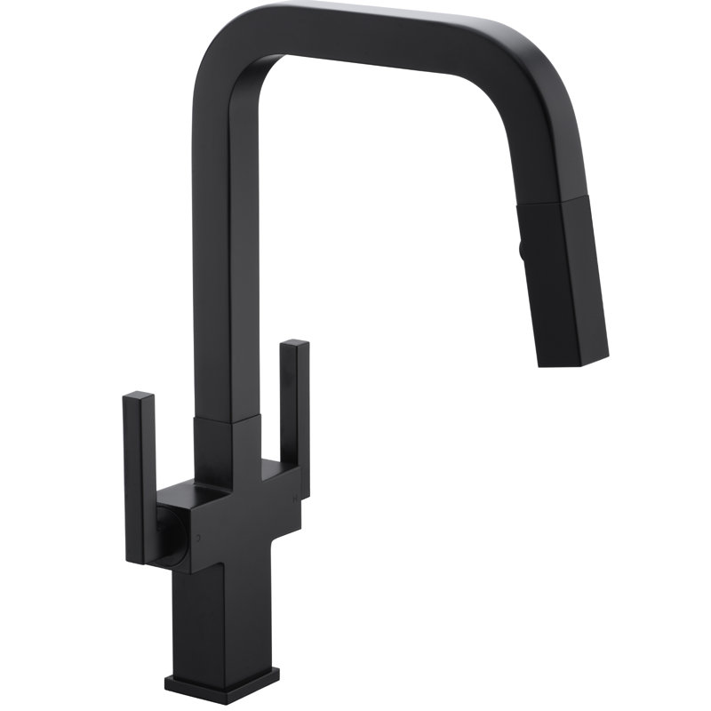 Pull Down Double Handle Kitchen Faucet, Matte Black