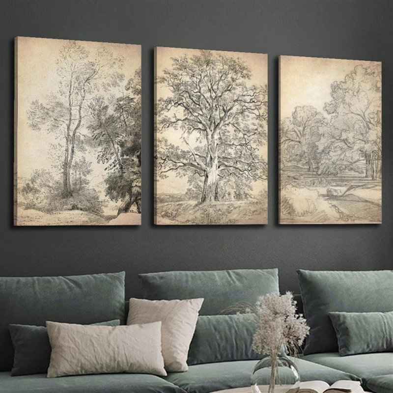 Croquis de forêt, reproduction sur toile 3 pièces pour décor de maison de campagne, 30 * 20 pouces 3 pièces
