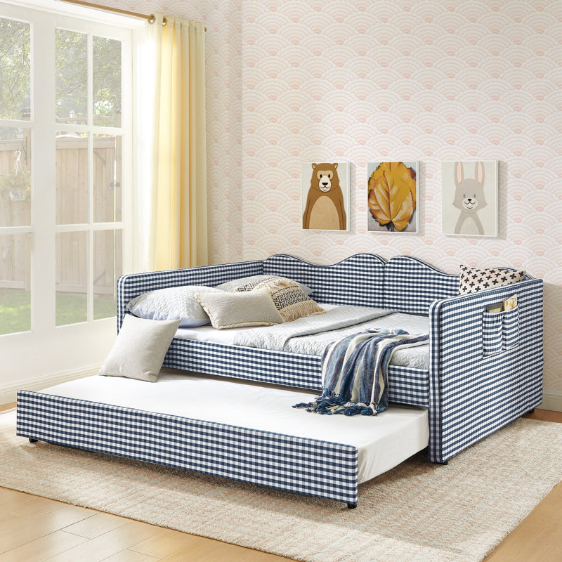 Lit de jour double, lit de jour rembourré en vichy équipé d'un cadre gigogne escamotable et d'une poche de rangement latérale, canapé-lit multifonctionnel en bois massif pour chambre d'enfant et chambre d'amis - bleu