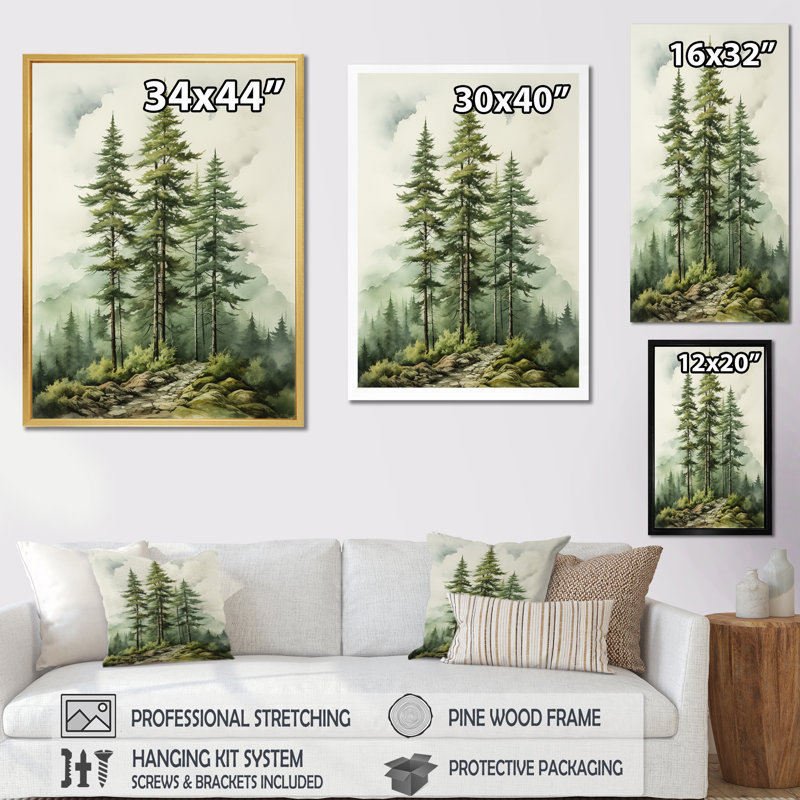 Vert arbre vert Eternal Guardians II - arbre pin, art mural encadré, Cadre doré simple, H 40 po x l 30 po x P 1,5 po