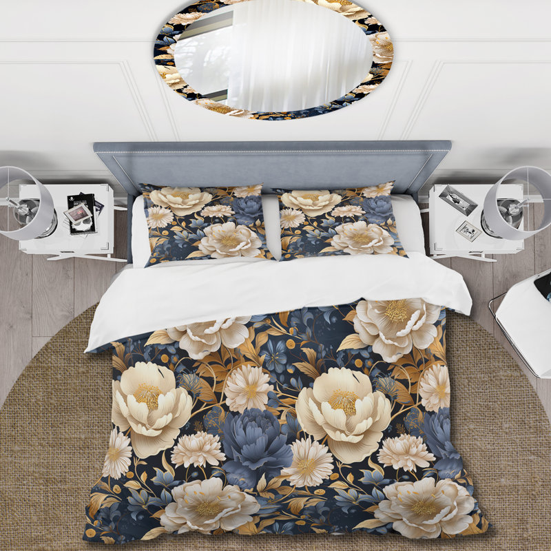 Blue And Beige Peonies Boho Pattern Duvet Cover, Twin Duvet Cover + 1 Standard Sham