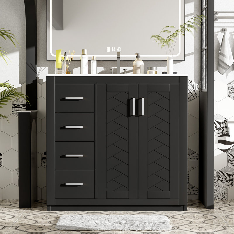 Meuble-lavabo 36 po avec lavabo en céramique, Noir / argenté
