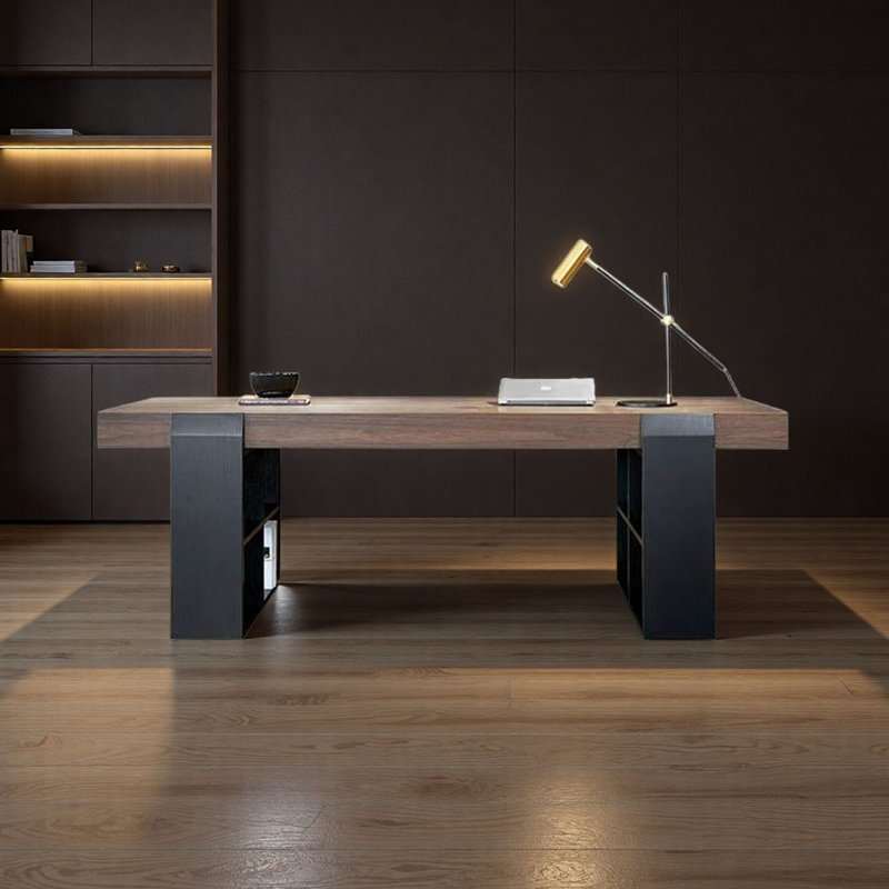 Italian Minimalist Luxury Desk with Bookshelf Legs, 30.7" H x 78.7" W x 27.6" D