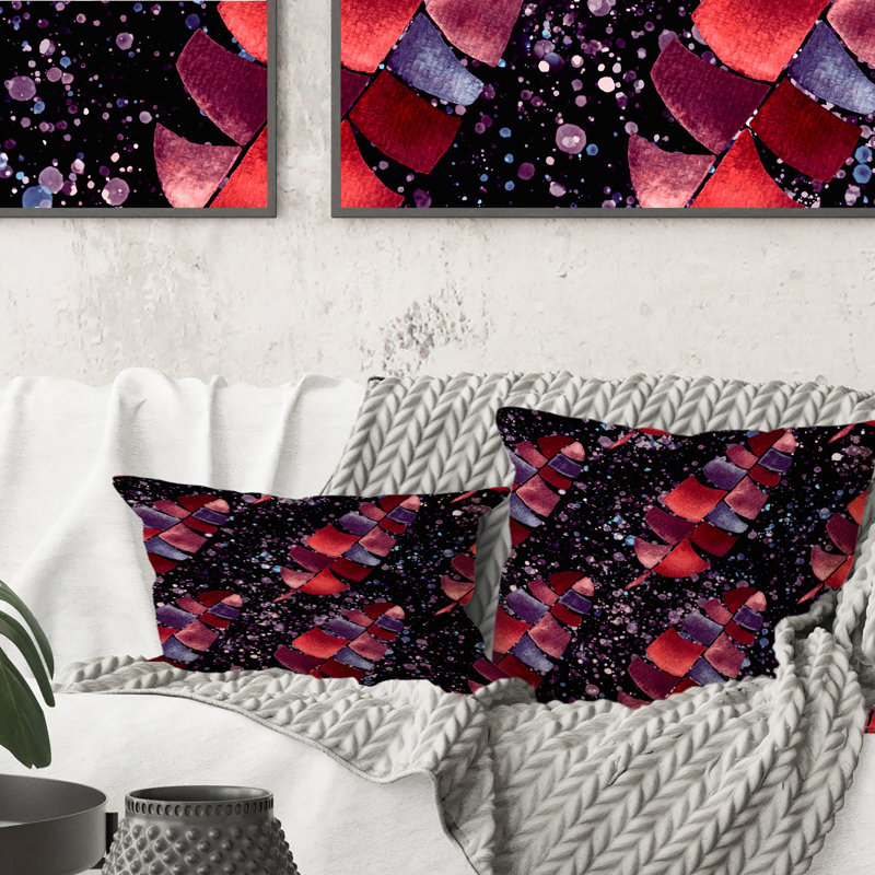 Coussin décoratif tropical imprimé feuilles rouges sur fond noir 1