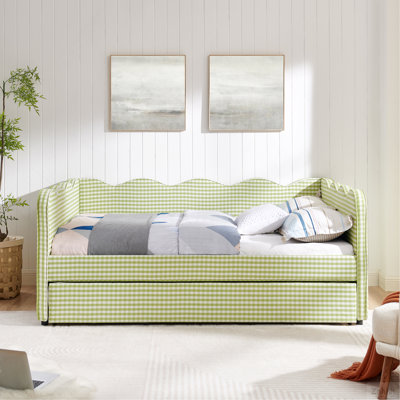 Lit de jour en vichy double avec couchette simple sans sommier, avec port USB et adorable tissu en forme de vague