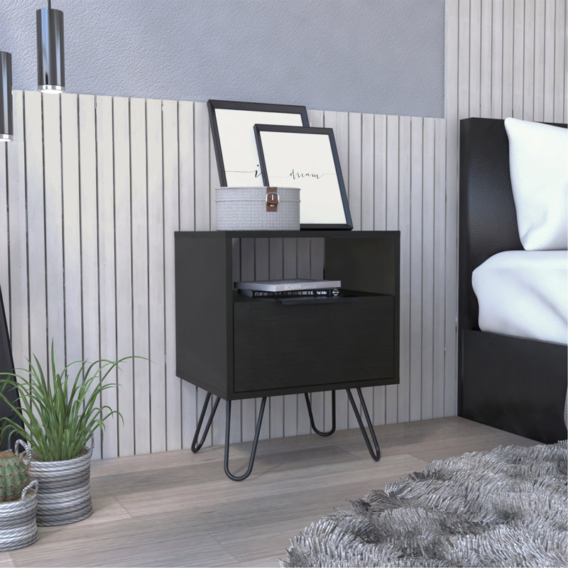 Augusta Nightstand , End Table, Side Table Single Door Cabinet, Hairpin Legs -Black, Black