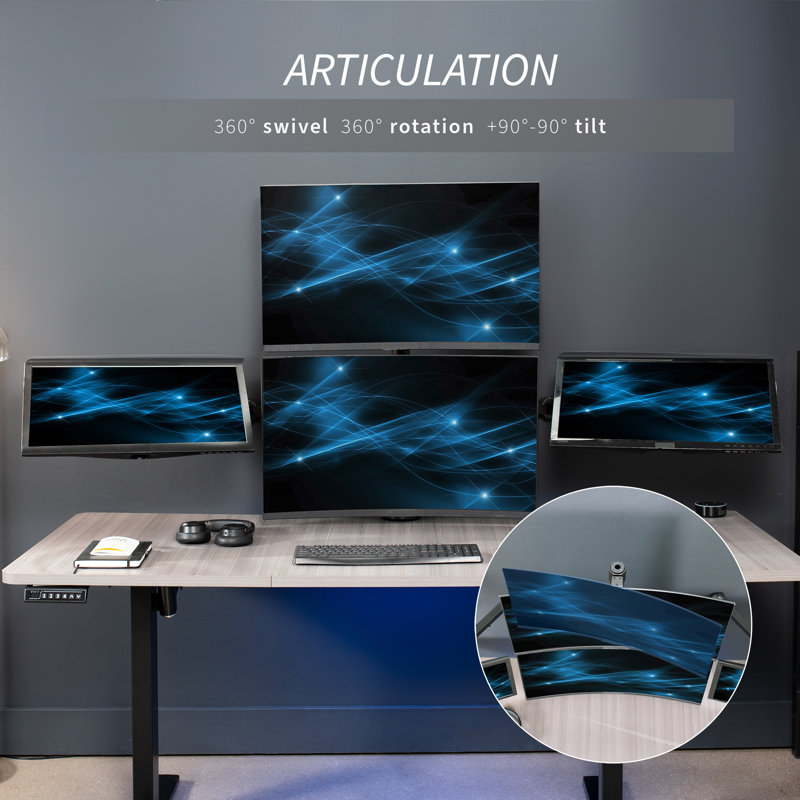 Black Steel Quad Monitor Adjustable Desk Mount for 32" Screens