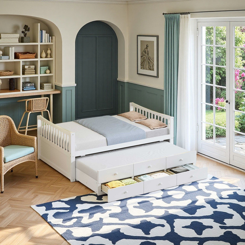 Full size Bed with Trundle & Storage Drawer, White
