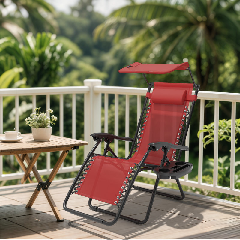 Zero Gravity Chair With Canopy Shade 330 Lb Capacity Adjustable Recliner Headrest For Outdoor Patio Or Beach, Wine Red