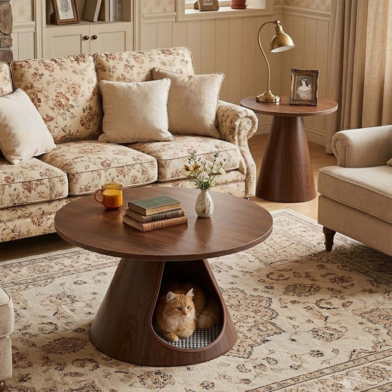 Ensemble de 2 tables basses gigognes, tables d'appoint rondes avec lit-grotte intégré, table de bout moderne pour petits espaces, noyer