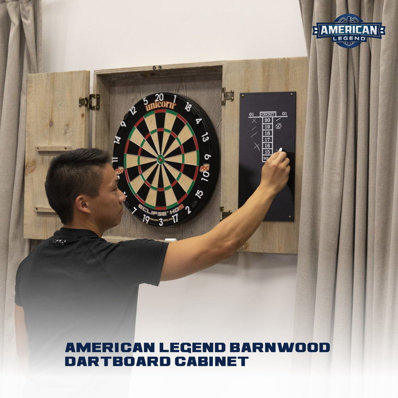 Rustic Wheat-Finished Barnwood Dartboard Cabinet with Brass Hardware