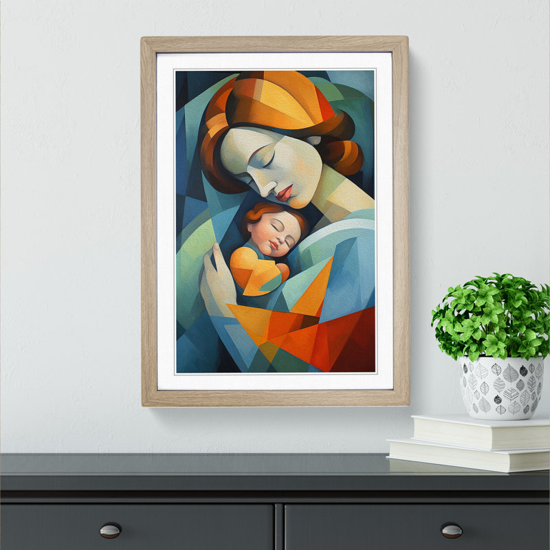 XYZ-FRM-V1223-4562 Mother and Baby Cubism No.2 1 Piece Single Picture Frame Wall Art, 34cm H x 25cm W x 2cm D, Oak