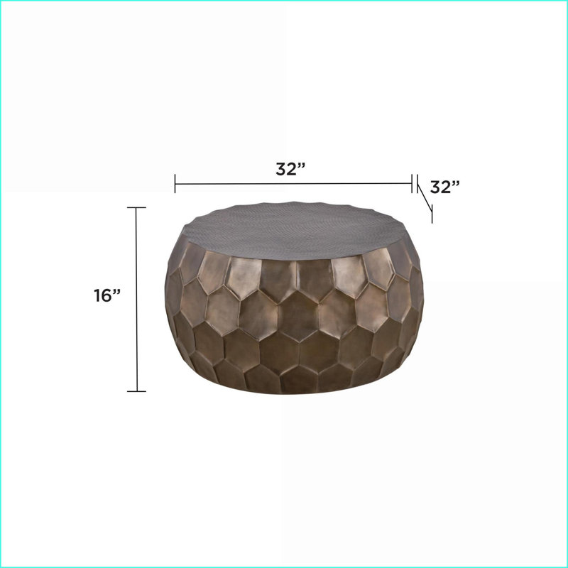 Table basse ronde en aluminium 32 po avec base dorée, motif hexagonal martelé à la main, facile à nettoyer et amp; Pas d'assemblage