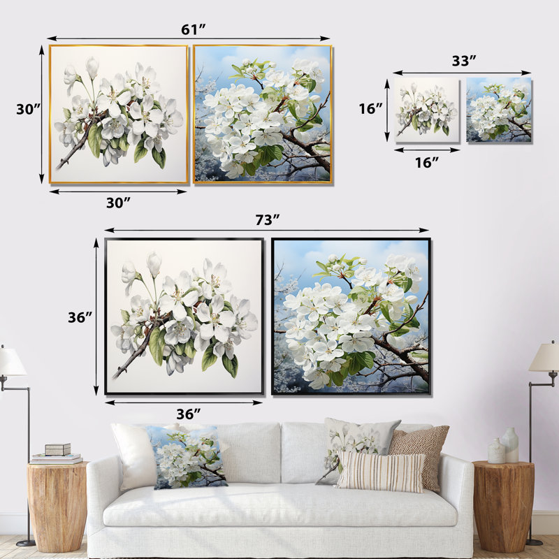 Fleur de pommier monochromatique Elegance I - ensemble de 2 collages carrés floraux, Cadre flottant doré, H 30 po x l 61 po