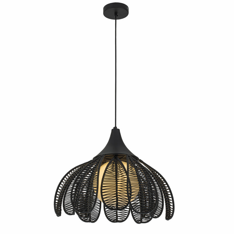 1-Light Wicker Outdoor Pendant Light Coastal Boho Style Flower Handwoven, Matte Black