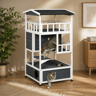 Maison pour chat en bois pour l'extérieur, abri pour chat avec chaton avec toit en asphalte, portes de secours, condo, plateforme de saut