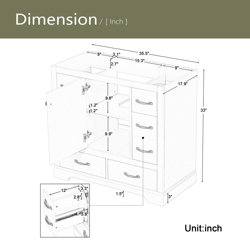 Meuble-lavabo 36 po sans lavabo, base d'armoire seulement, Vert