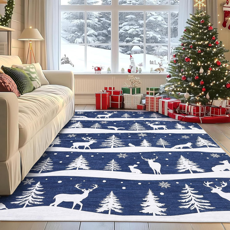Rugs for Living Room, Washable Rug for Home Decor, Soft Low Pile Christmas Rugs with Xmas Tree Reindeer Snowflake, Indoor Non Slip Carpet for Entryway, Bedroom, Dining Room