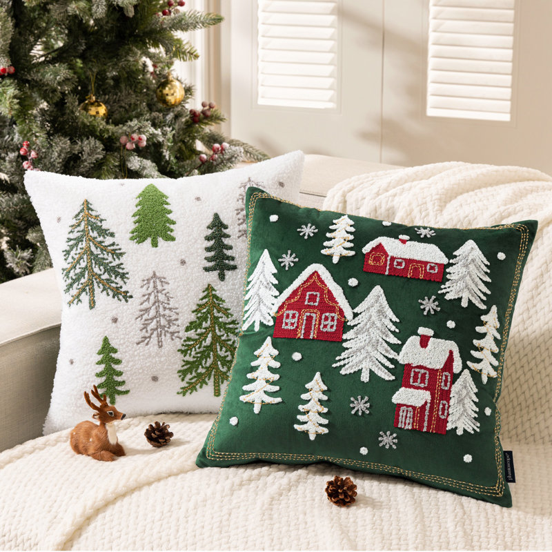 Housses de coussin brodées Phantoscope, 18 po x 18 po, paquet de 2, Arbre de Noël vert foncé