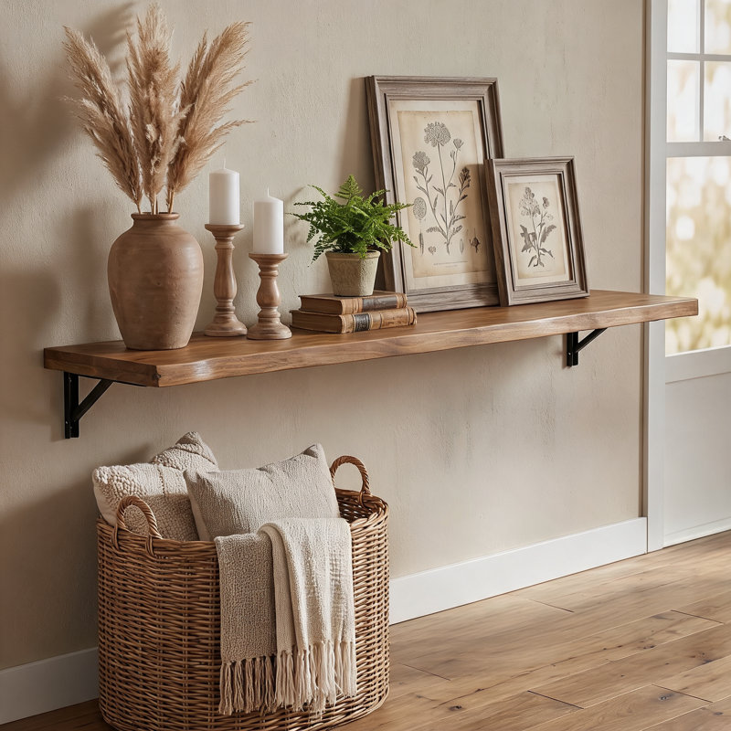 Solid Wood Live Edge Wall Mounted Shelf, Floating Wall Mounted Console Table