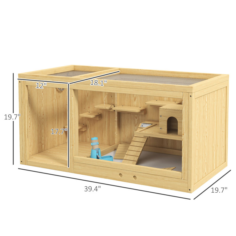 Maison en bois pour hamster - grand, multicouche, avec balançoires à bascule, bouteille d'eau, plateau coulissant, plateau ouvert pour hamsters nains et volière supplémentaire