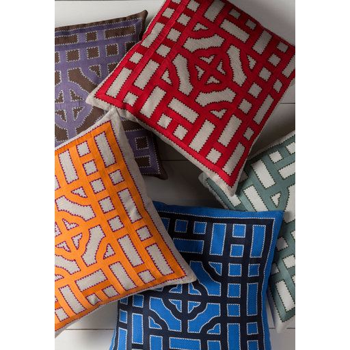 Chinese Geometric Pillow Cover, Aqua/Cream, 18" x 18"