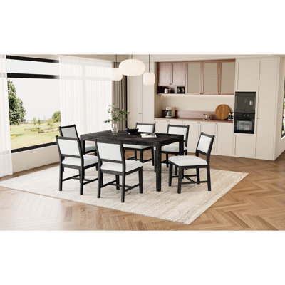 7 pièces de salle à manger avec 6 chaises rembourrées et une table rectangulaire, finition, mousse haute densité de 2,4 po d'épaisseur, siège ergonomique, chaises de table à assemblage stable, couleur, coussins, design, structure en bois massif