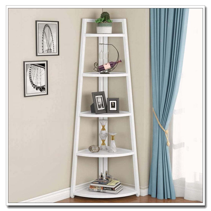 70.07" Tall Corner Shelf, 5 Tier Rustic White Corner Bookshelf Bookcase Industrial Corner Ladder Shelf, White
