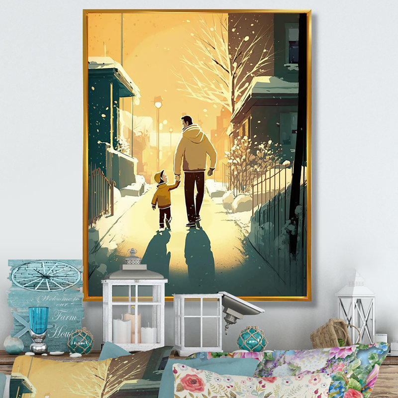 «Father Love in Winter Times», reproduction sur toile, H 40 po x l 30 po x P 1,5 po, Toile avec cadre flottant or