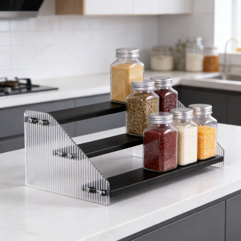 Étagère à épices à 3 niveaux, tablette robuste en acrylique et en bois pour comptoir à épices, armoire de rangement peu encombrante pour les assaisonnements de cuisine et plus encore