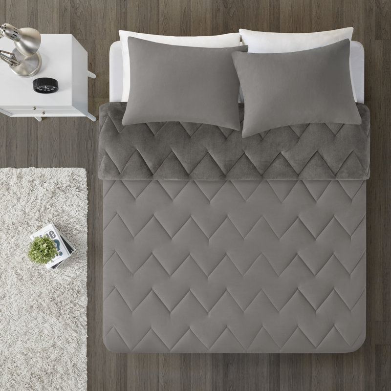Ensemble d’édredon réversible, gris, Édredon très grand et 2 taies décoratives