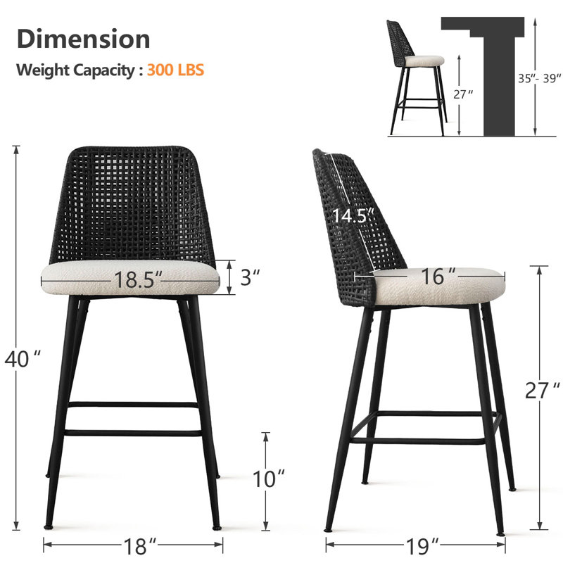 Briahnna 27" Upholstered Boucle Rattan Full Back Counter Stool Set of 3, Black