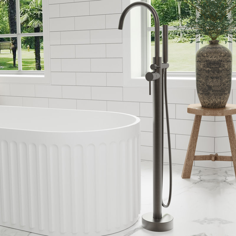 Single Handle Floor Mounted Freestanding Tub Filler with Hand Shower, Graphite