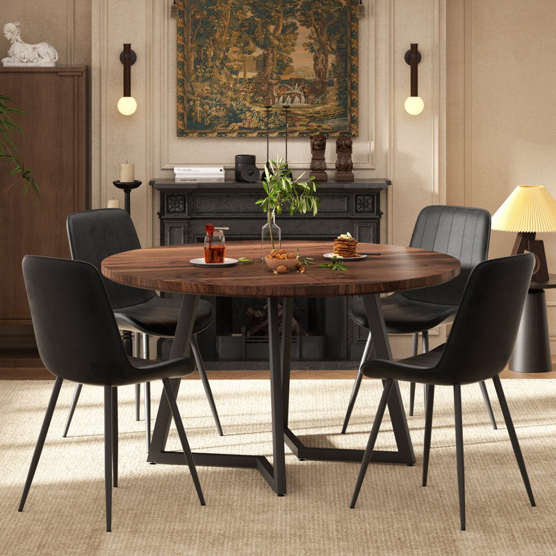 47.2 Round Dining Table Set with PU Leather Chairs, Walnut, Black